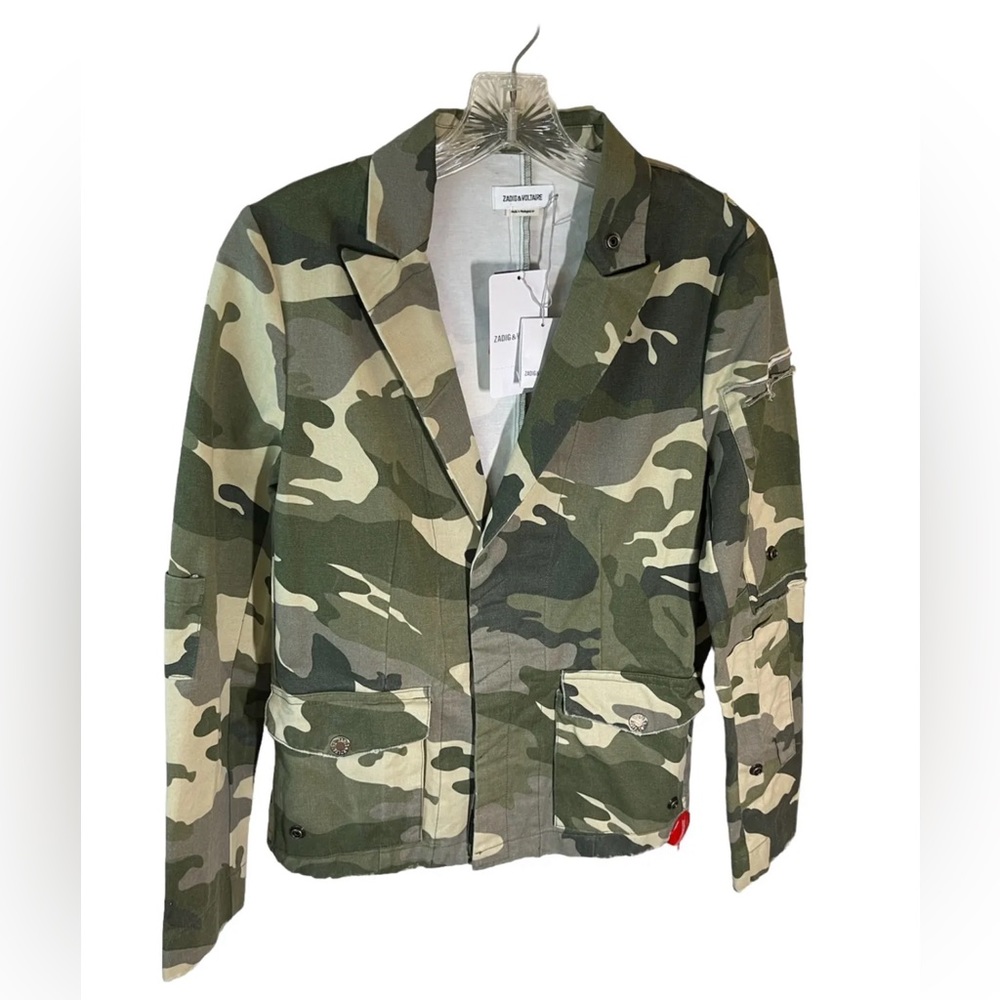 NWT Zadig & Voltaire Virginia Khaki Camo Print Button Front Jacket Small $598